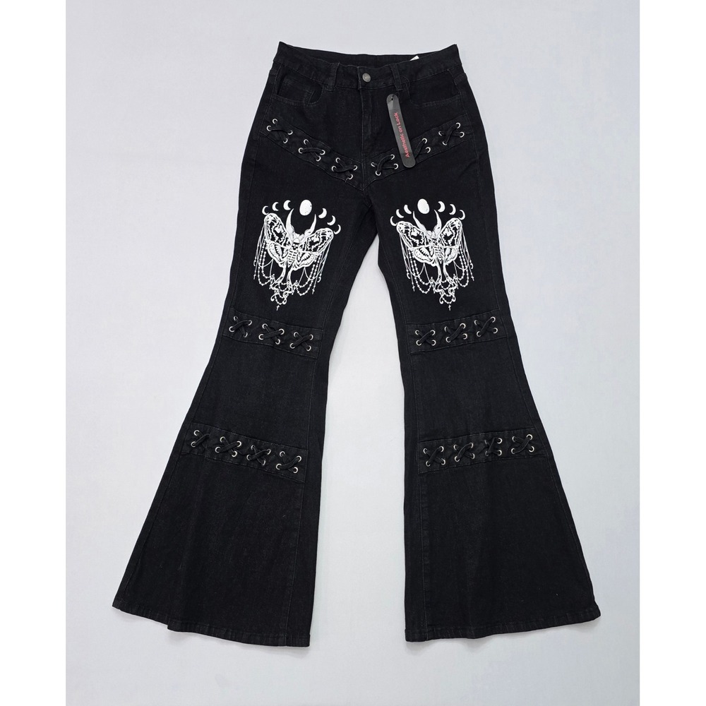 Romwe Womens Goth Moth Graphic Flare Jeans Lace Up Black Stretch Size L 8/10 NWT